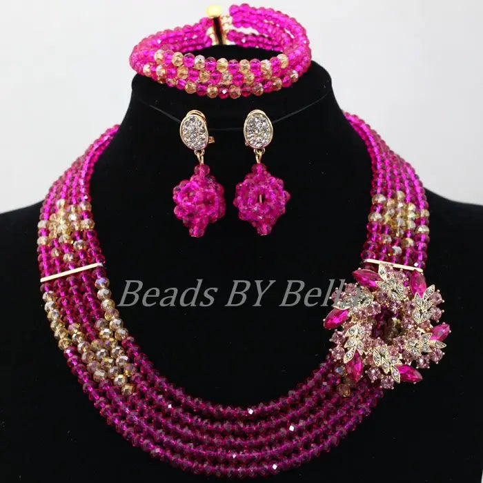 Fushia Pink  Stylish Beads And Crystal Jewelry Set