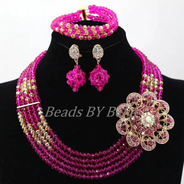 Fushia Pink  Stylish Beads And Crystal Jewelry Set