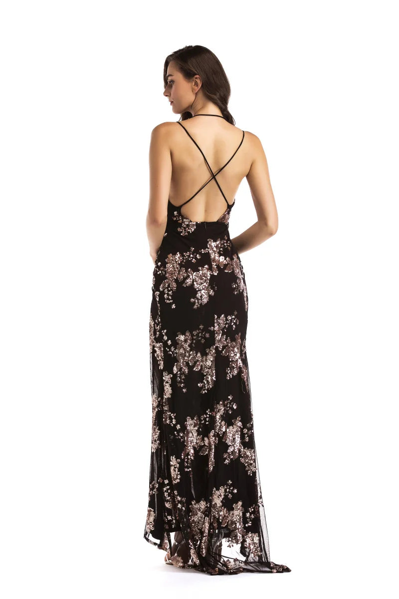 Elegant Black Sequin Backless Party Dress