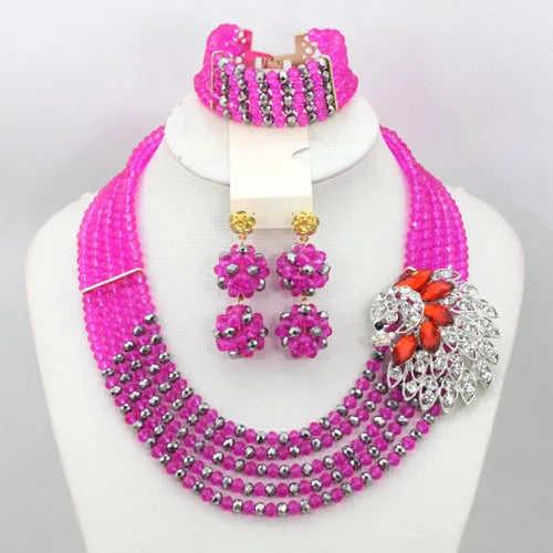 Fushia Pink  Stylish Beads And Crystal Jewelry Set