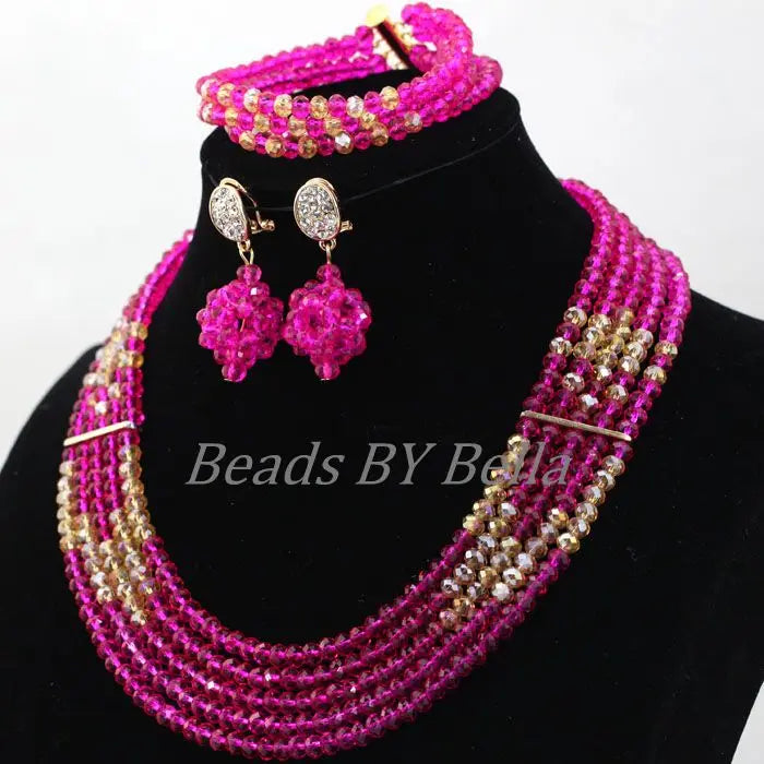 Fushia Pink  Stylish Beads And Crystal Jewelry Set