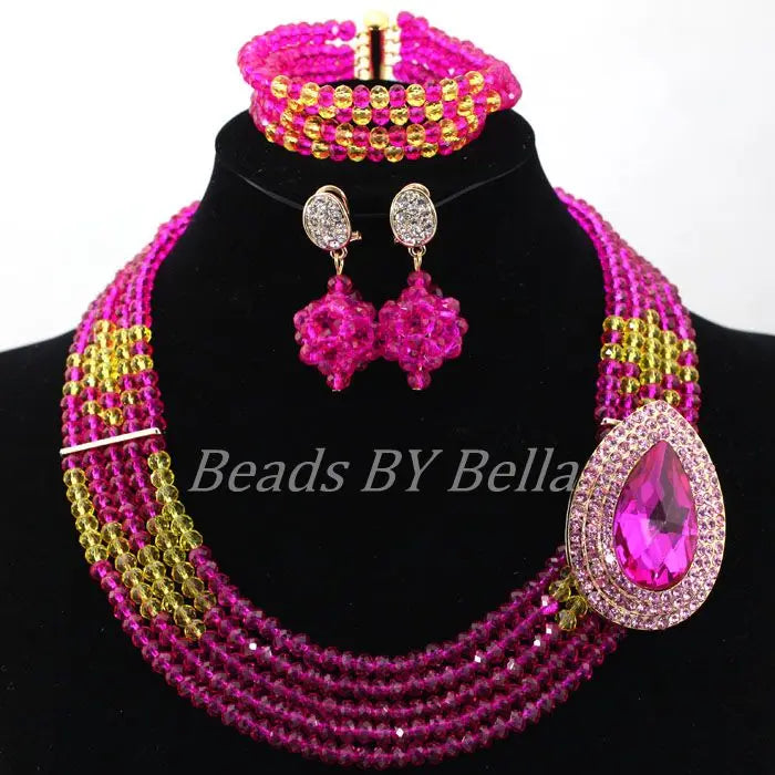 Fushia Pink  Stylish Beads And Crystal Jewelry Set