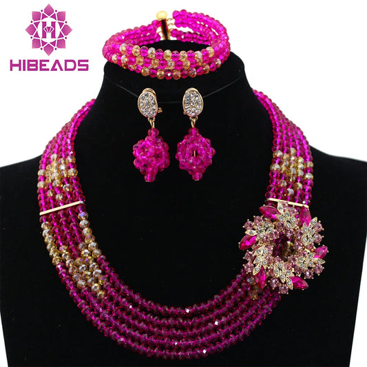 Fushia Pink  Stylish Beads And Crystal Jewelry Set