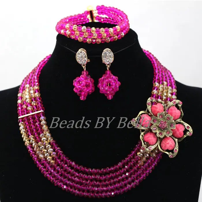 Fushia Pink  Stylish Beads And Crystal Jewelry Set