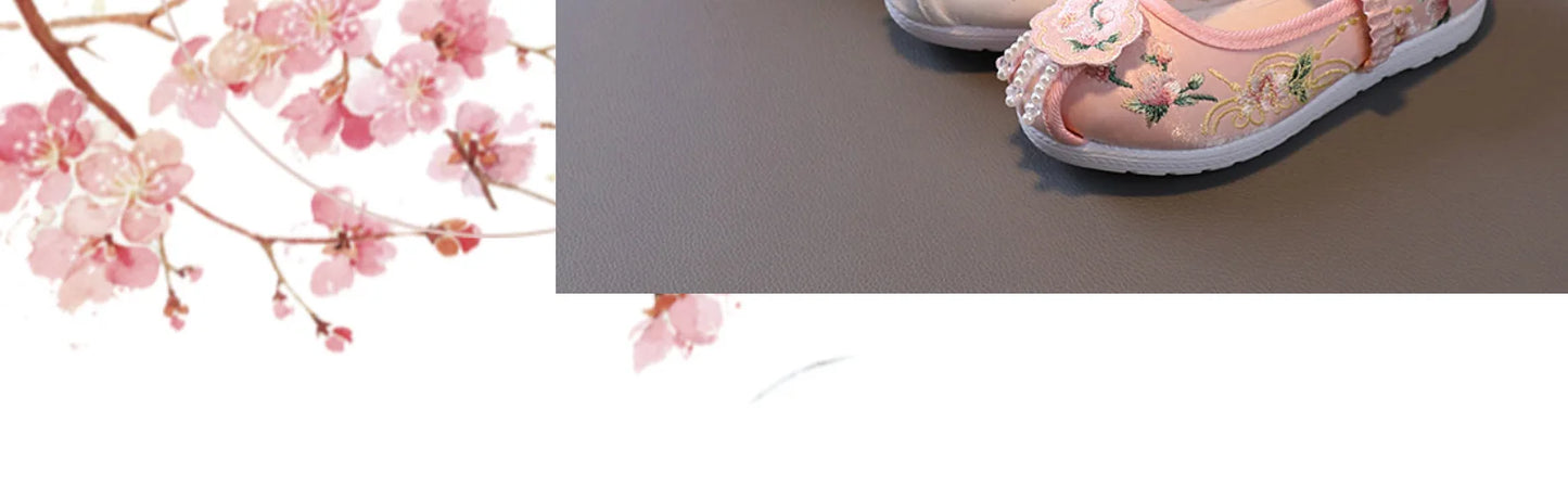 Chinese Vintage Cloth Shoes Baby Girls Kids Shoes Flats Flowers Embroidery Dancing Beading Tassel Princess Old Beijing Children