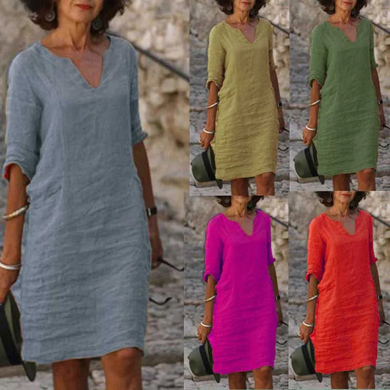 V-Neck Linen & Cotton Dress