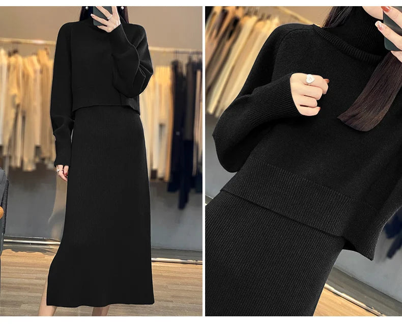 2pc -  Long Sleeve Turtleneck Clothing Straight Split Dress Sets