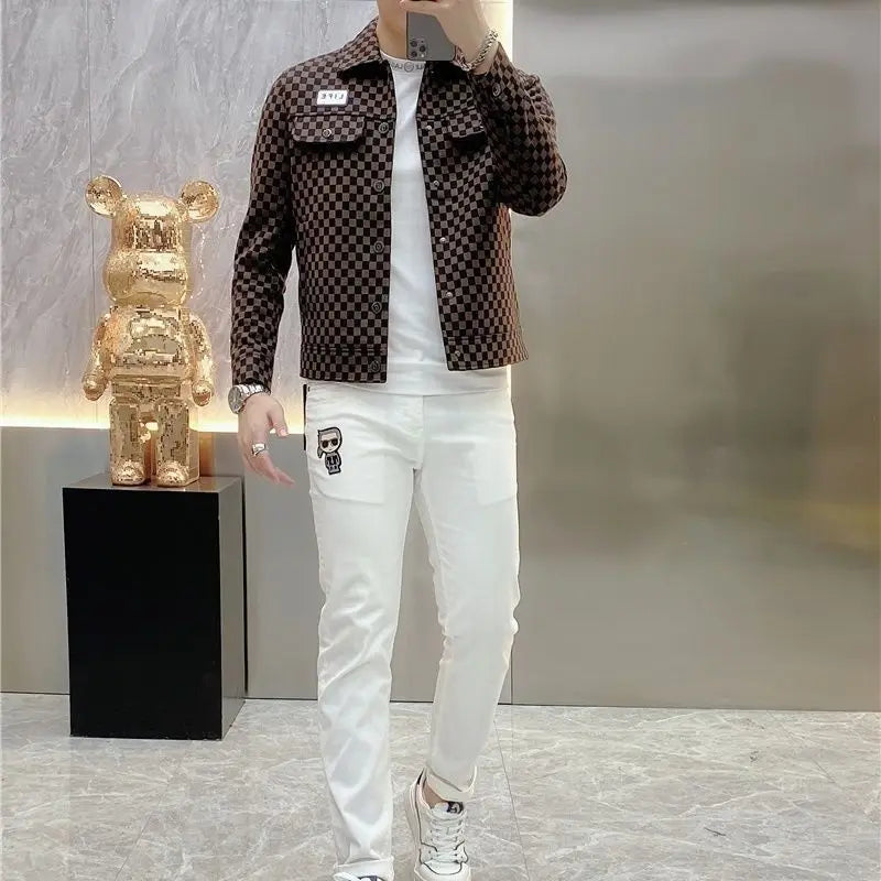 Spring and autumn new plaid jacket men's lapel high sense fashion printing casual slim jacket men