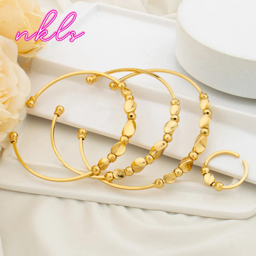 2pcs 18K Gold Plated Spiral Bead Bangle and Ring Set