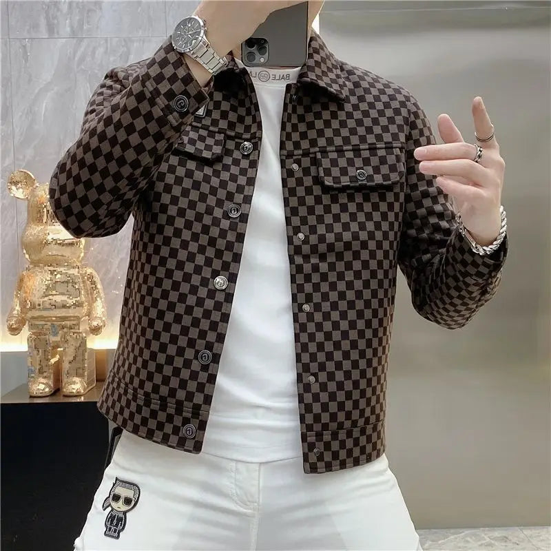 Spring and autumn new plaid jacket men's lapel high sense fashion printing casual slim jacket men