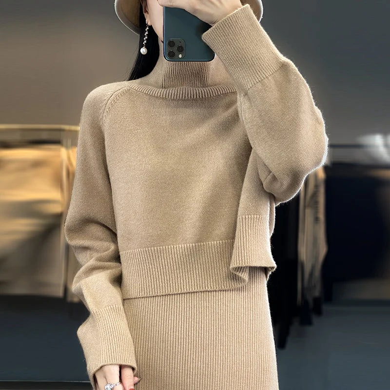 2pc -  Long Sleeve Turtleneck Clothing Straight Split Dress Sets