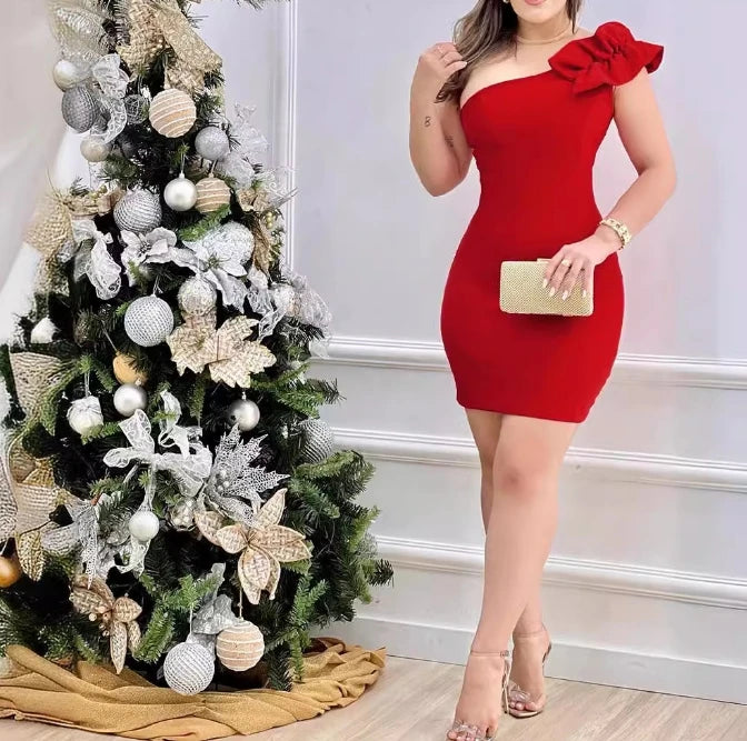 Elegant Red One Shoulder Sleeveless Dress