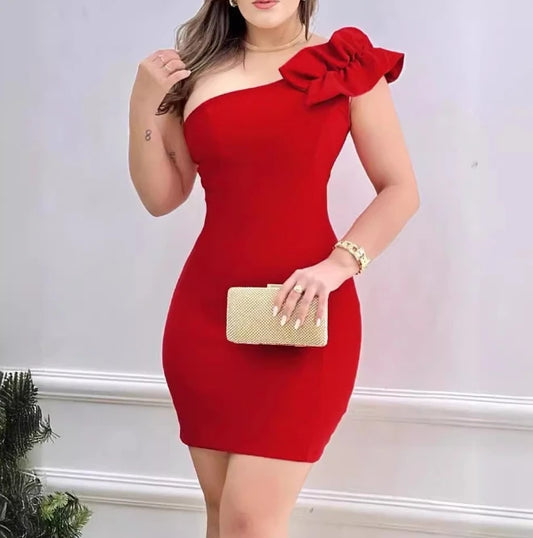 Elegant Red One Shoulder Sleeveless Dress