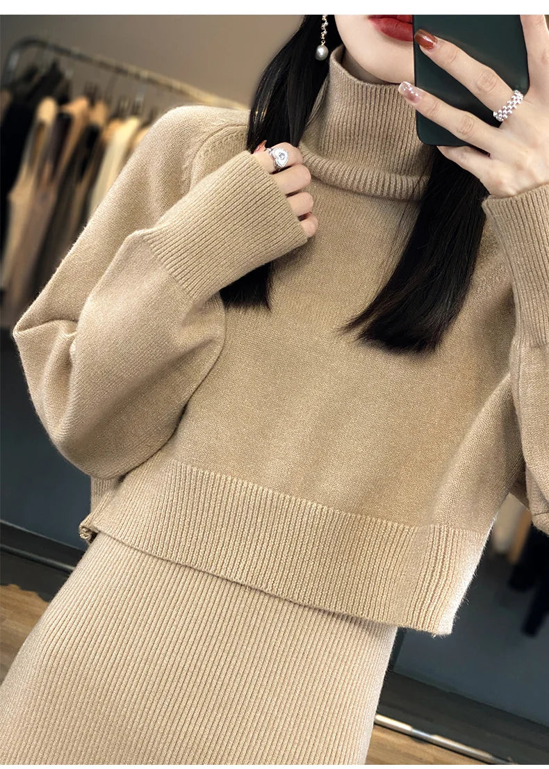 2pc -  Long Sleeve Turtleneck Clothing Straight Split Dress Sets