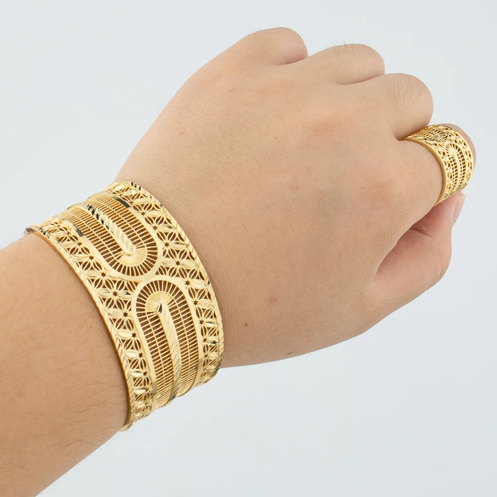 Adjustable Gold Plated Bangles With Matching Ring For Women