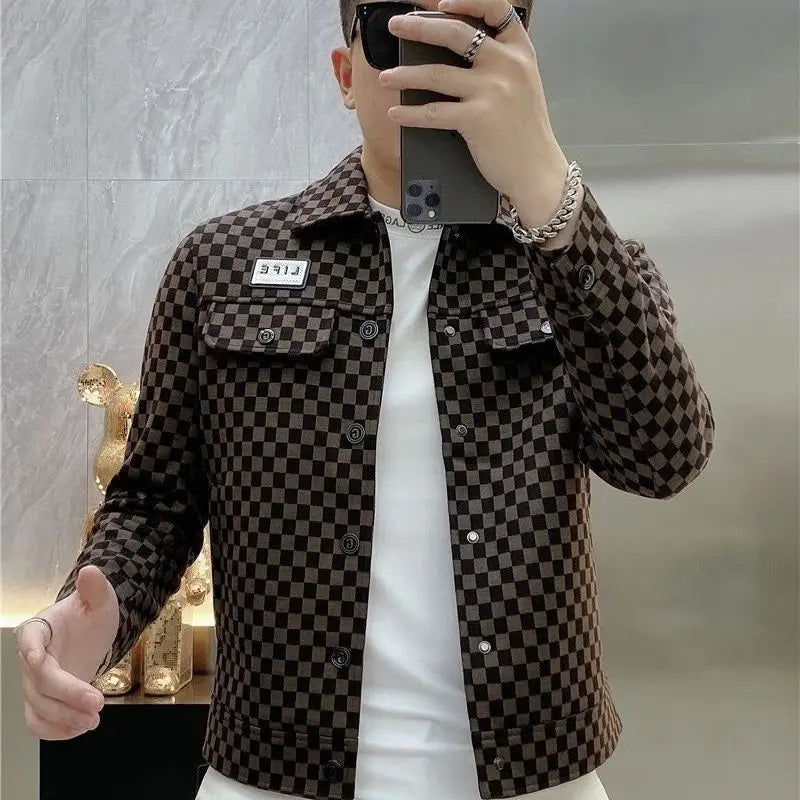 Spring and autumn new plaid jacket men's lapel high sense fashion printing casual slim jacket men