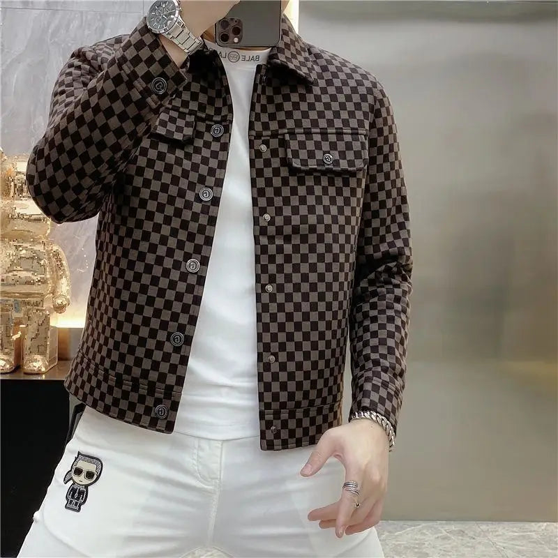 Spring and autumn new plaid jacket men's lapel high sense fashion printing casual slim jacket men