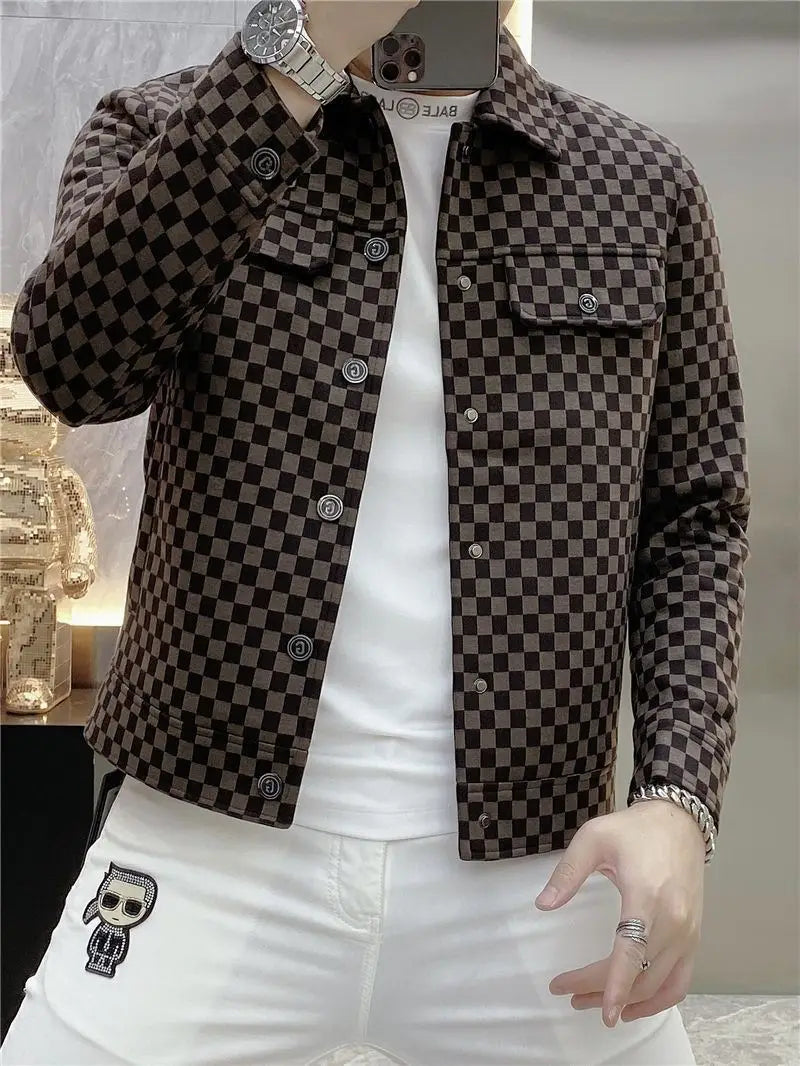 Spring and autumn new plaid jacket men's lapel high sense fashion printing casual slim jacket men