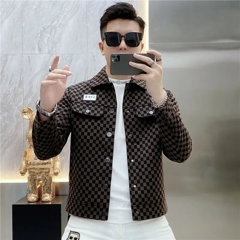 Spring and autumn new plaid jacket men's lapel high sense fashion printing casual slim jacket men