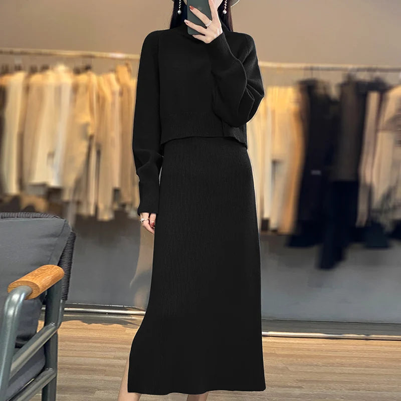 2pc -  Long Sleeve Turtleneck Clothing Straight Split Dress Sets