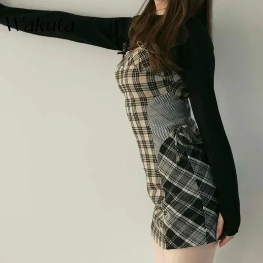 Retro Plaid Splicing Two-piece Dress