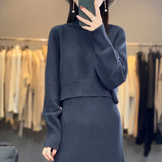 2pc -  Long Sleeve Turtleneck Clothing Straight Split Dress Sets