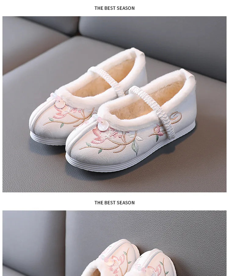 Winter Hanfu Shoes Children Cotton Old Beijing Cloth Shoes Plush Flowers Embroidered Chinese Style Vintage Dancing Slip On