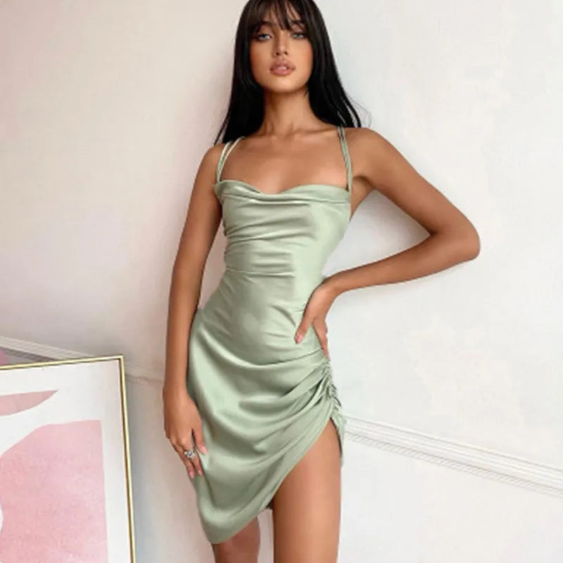 Backless Satin Spaghetti Strap Dress