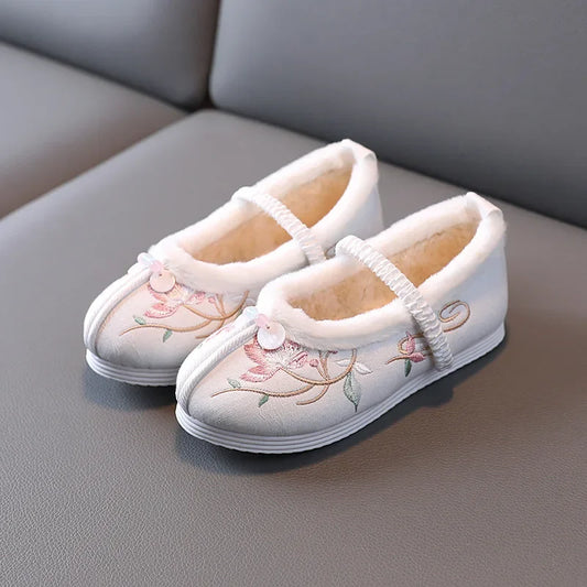 Winter Hanfu Shoes Children Cotton Old Beijing Cloth Shoes Plush Flowers Embroidered Chinese Style Vintage Dancing Slip On