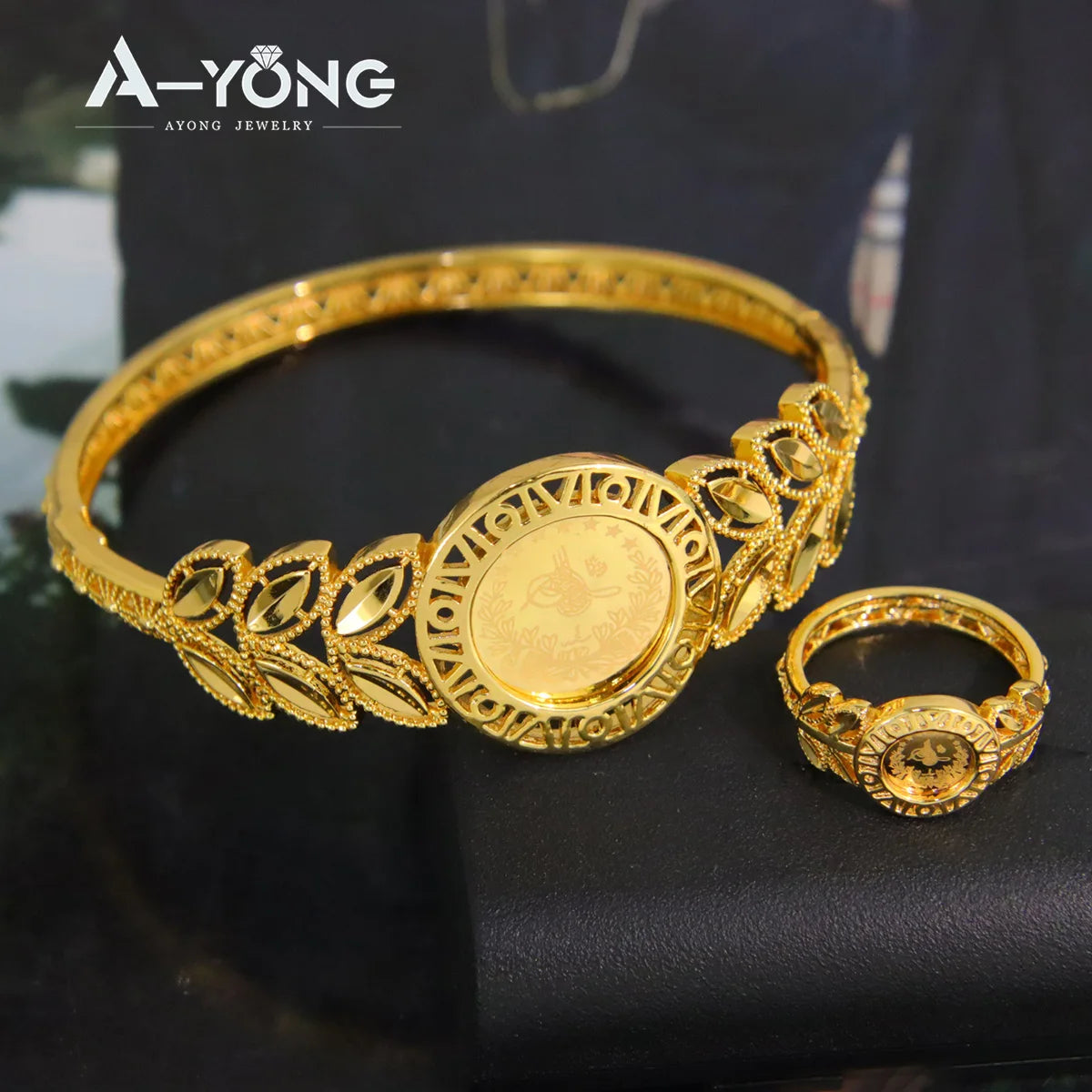 21K Gold Color Plated Coins Bracelet Ring Set