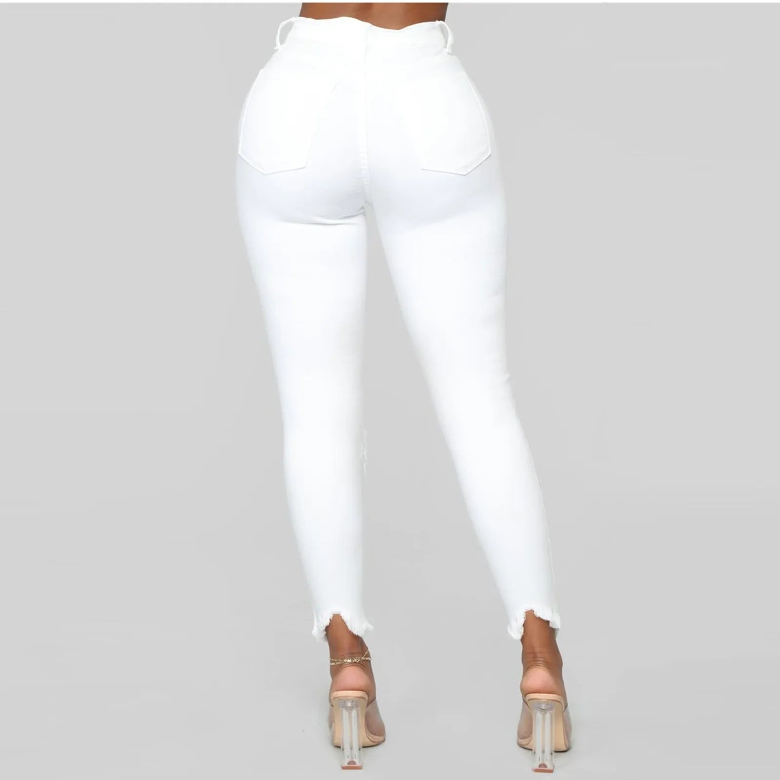 Women Ripped Denim Pants - White - back