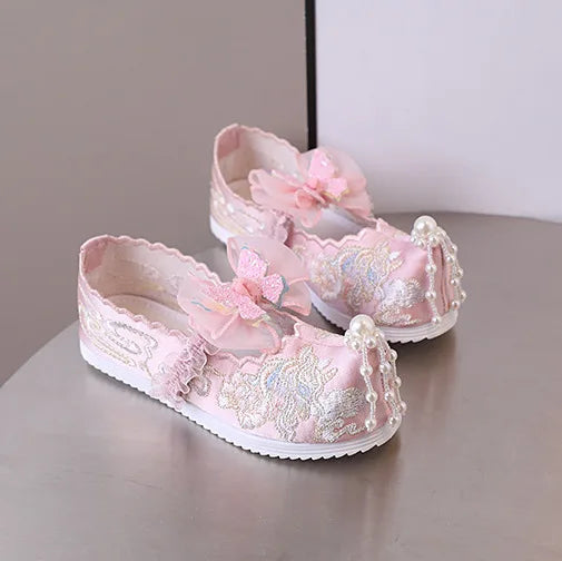 Vintage Retro Butterfly Unicorn Embroidery Hanfu Old Beijing Cloth Shoes for Kids Girls Teenage Dance Princess Chinese Beads