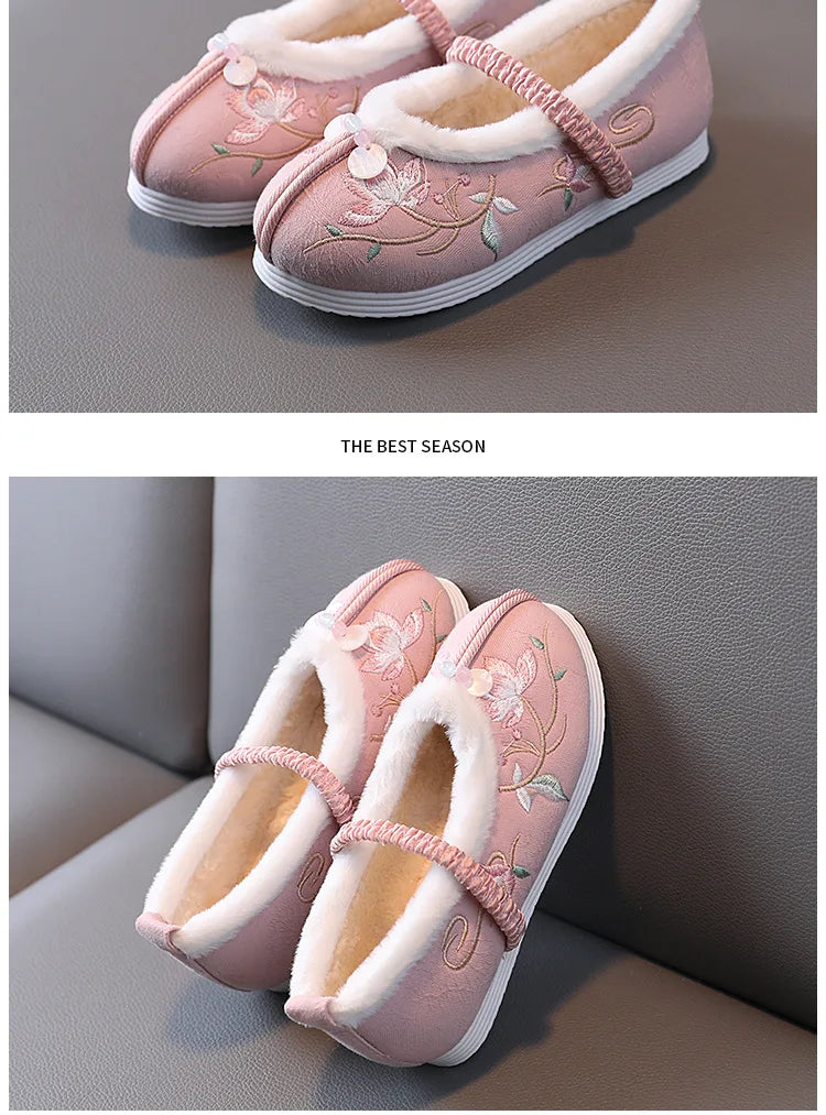 Winter Hanfu Shoes Children Cotton Old Beijing Cloth Shoes Plush Flowers Embroidered Chinese Style Vintage Dancing Slip On