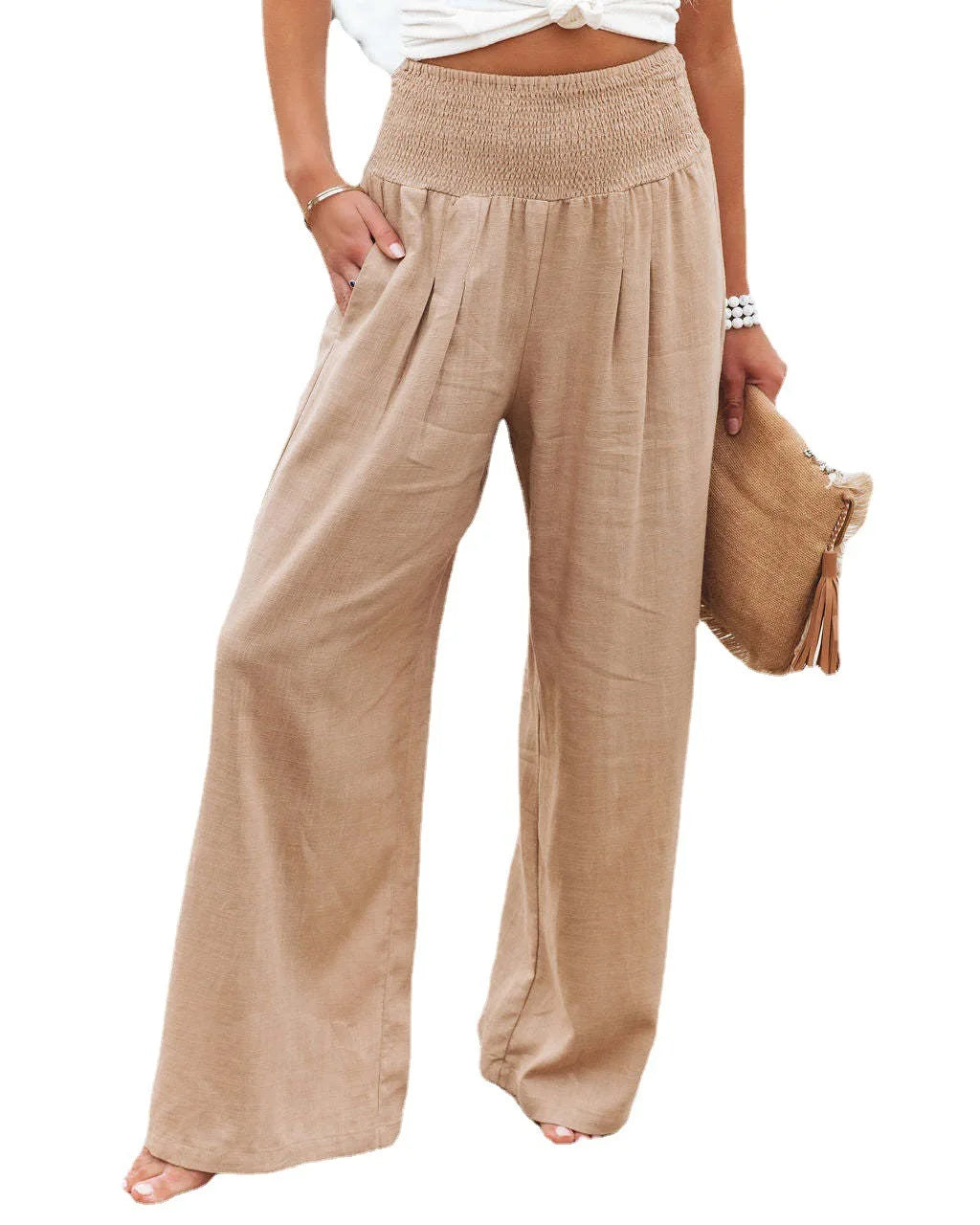 Tan Cotton-Linen Wide Leg Pants