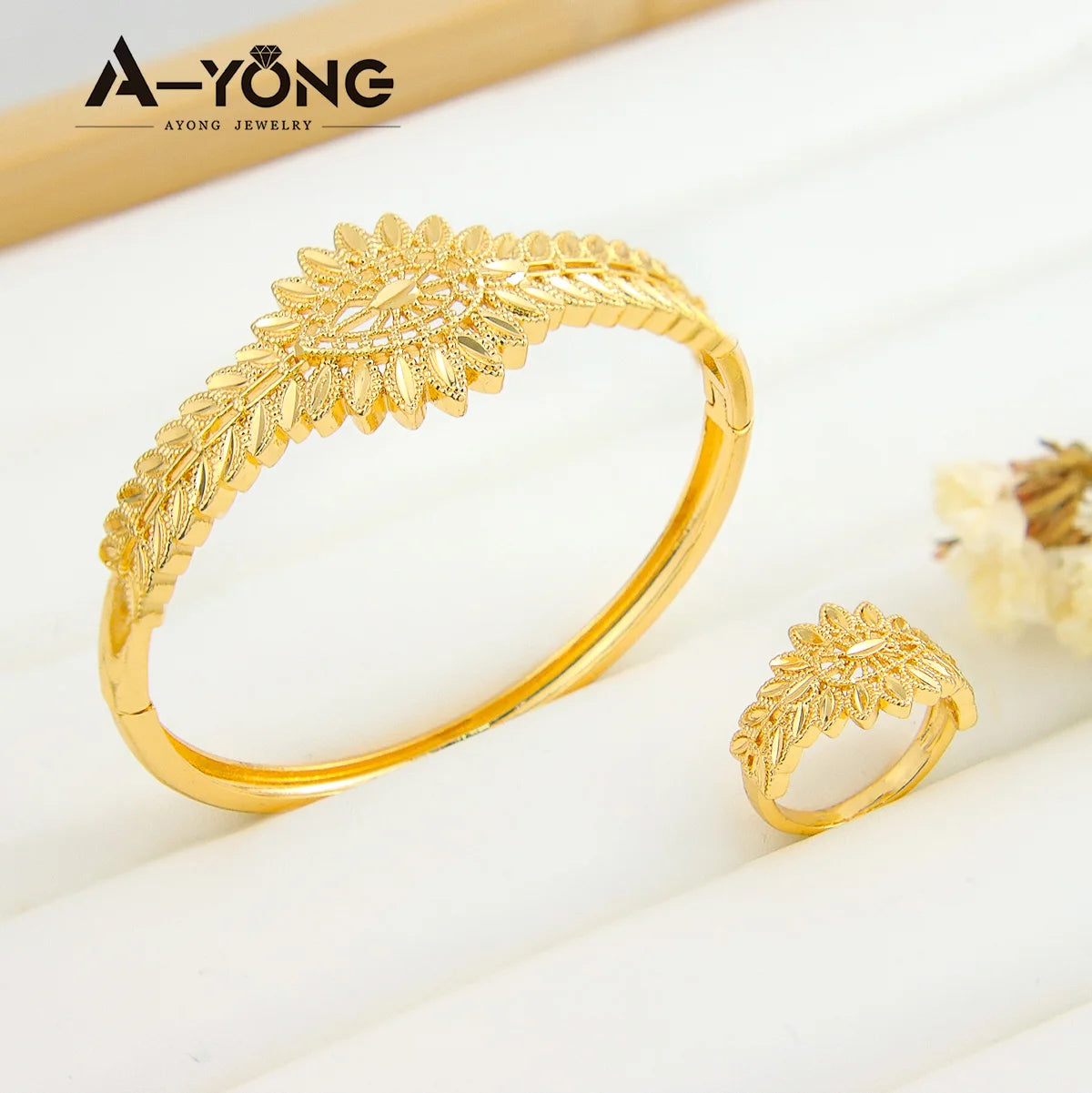 21K Gold Color Plated Coins Bracelet Ring Set