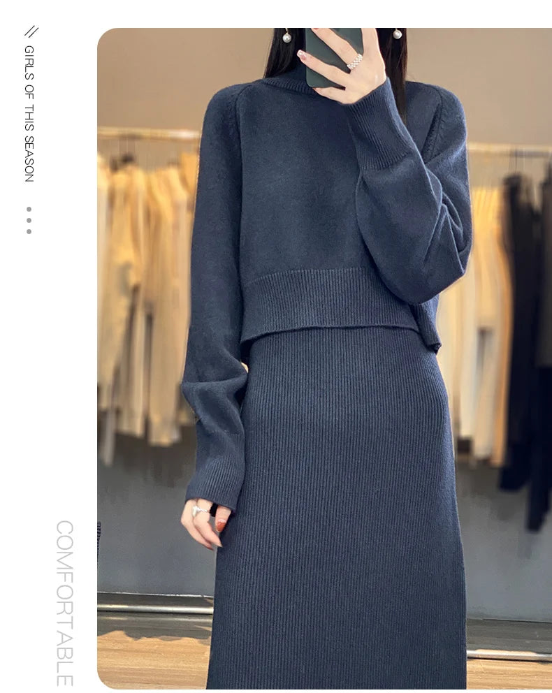 2pc -  Long Sleeve Turtleneck Clothing Straight Split Dress Sets