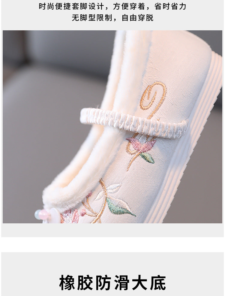 Winter Hanfu Shoes Children Cotton Old Beijing Cloth Shoes Plush Flowers Embroidered Chinese Style Vintage Dancing Slip On