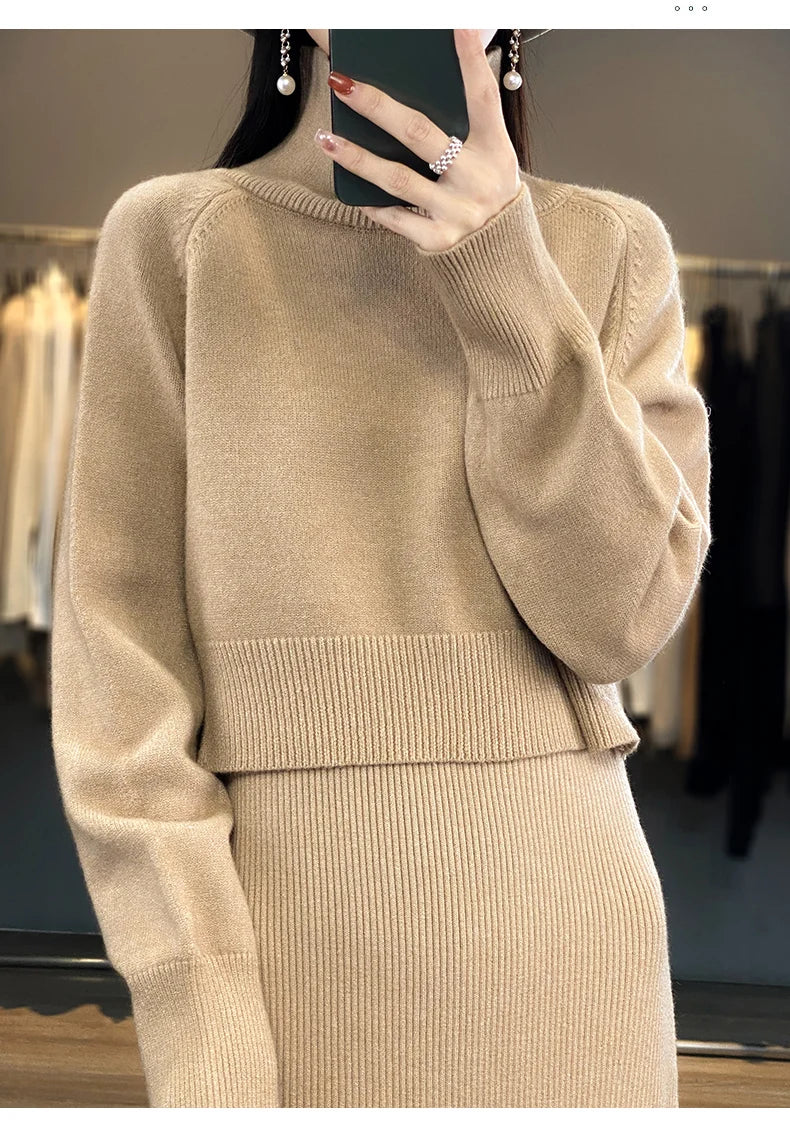 2pc -  Long Sleeve Turtleneck Clothing Straight Split Dress Sets