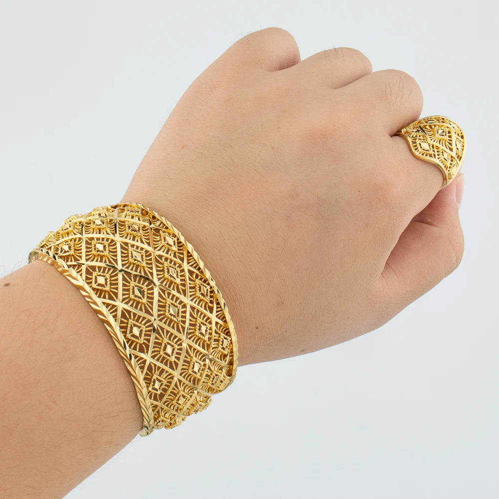 Adjustable Gold Plated Bangles With Matching Ring For Women