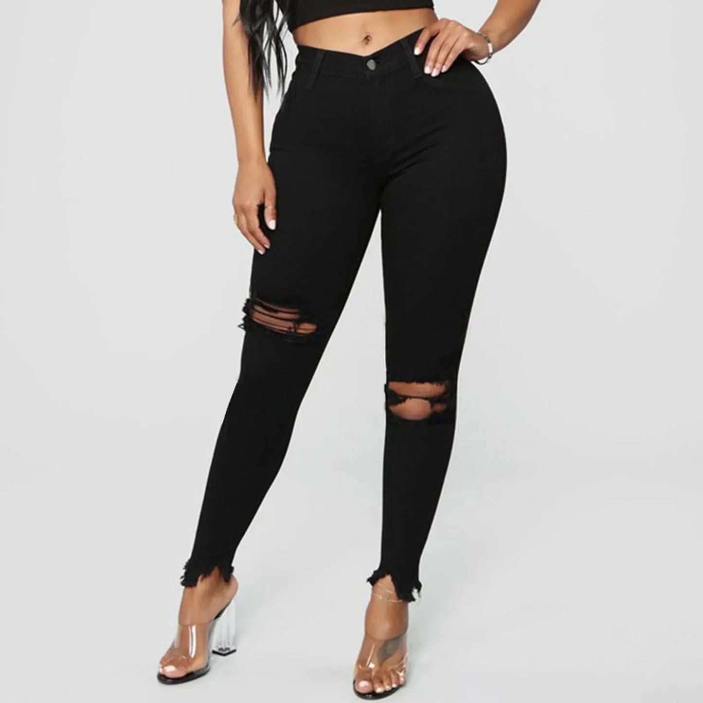 Women Ripped Denim  Pants - Black