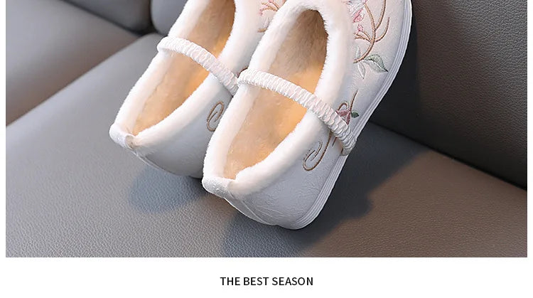 Winter Hanfu Shoes Children Cotton Old Beijing Cloth Shoes Plush Flowers Embroidered Chinese Style Vintage Dancing Slip On