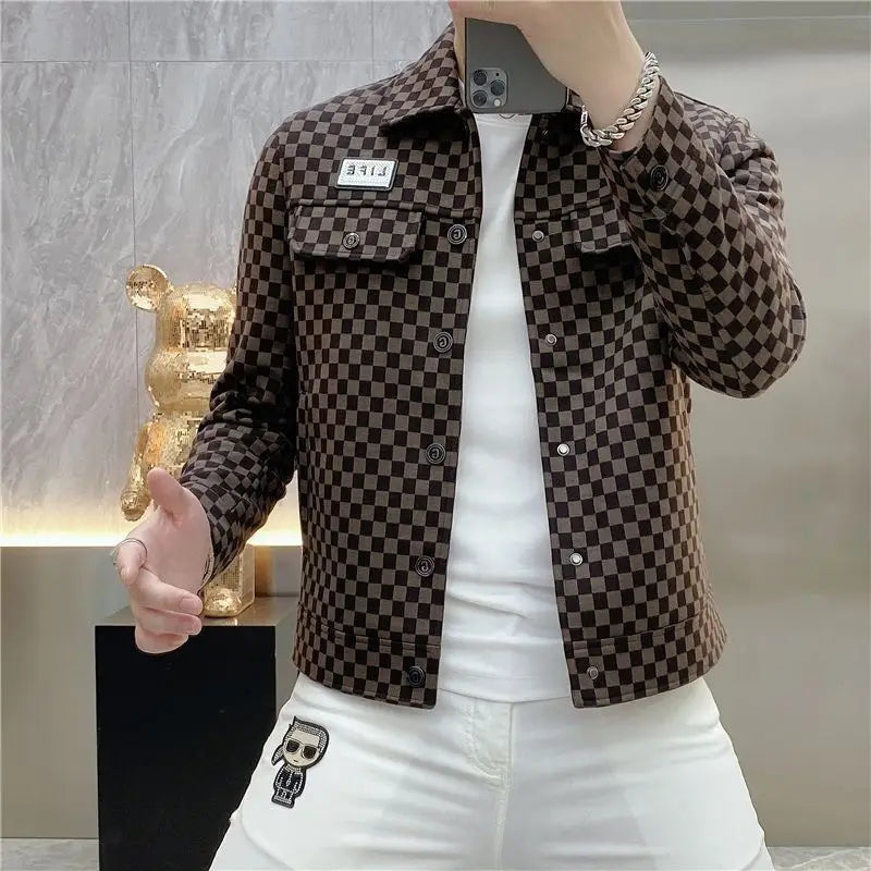 Spring and autumn new plaid jacket men's lapel high sense fashion printing casual slim jacket men