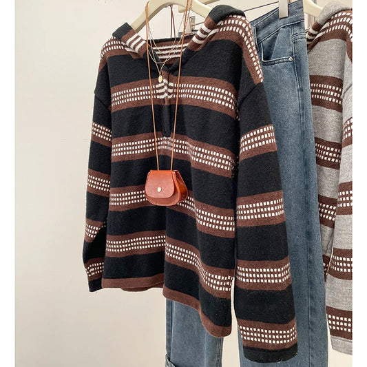 Lazy Knit Striped Hooded Sweater