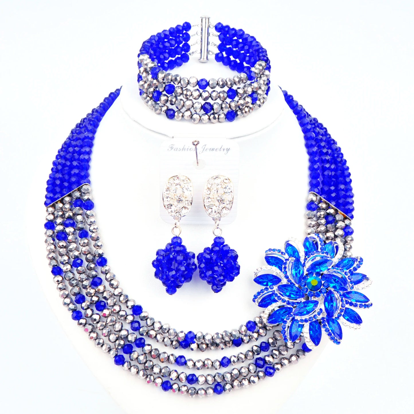 Royal Blue Transparent Crystal Beaded Jewelry Set