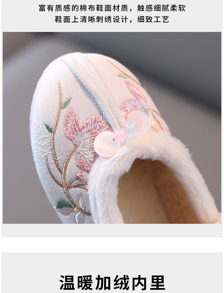 Winter Hanfu Shoes Children Cotton Old Beijing Cloth Shoes Plush Flowers Embroidered Chinese Style Vintage Dancing Slip On