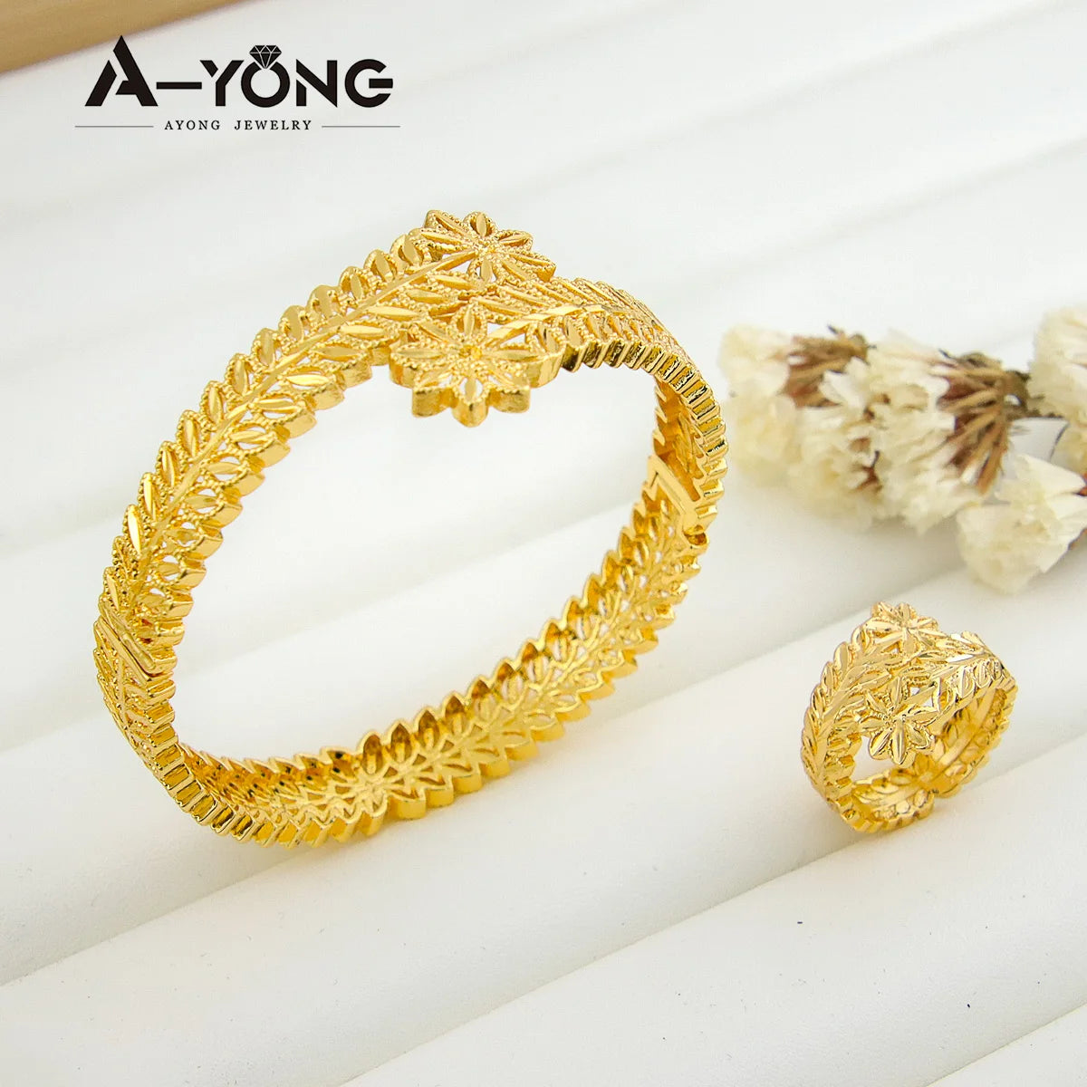 21K Gold Color Plated Coins Bracelet Ring Set