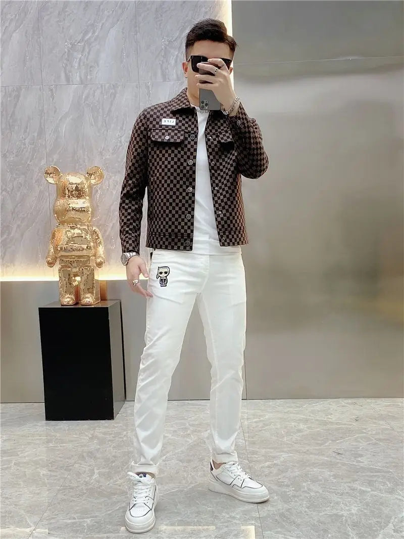 Spring and autumn new plaid jacket men's lapel high sense fashion printing casual slim jacket men