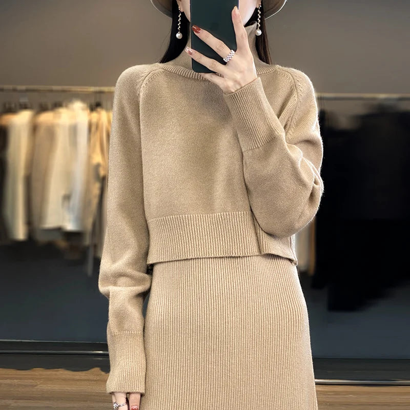 2pc -  Long Sleeve Turtleneck Clothing Straight Split Dress Sets